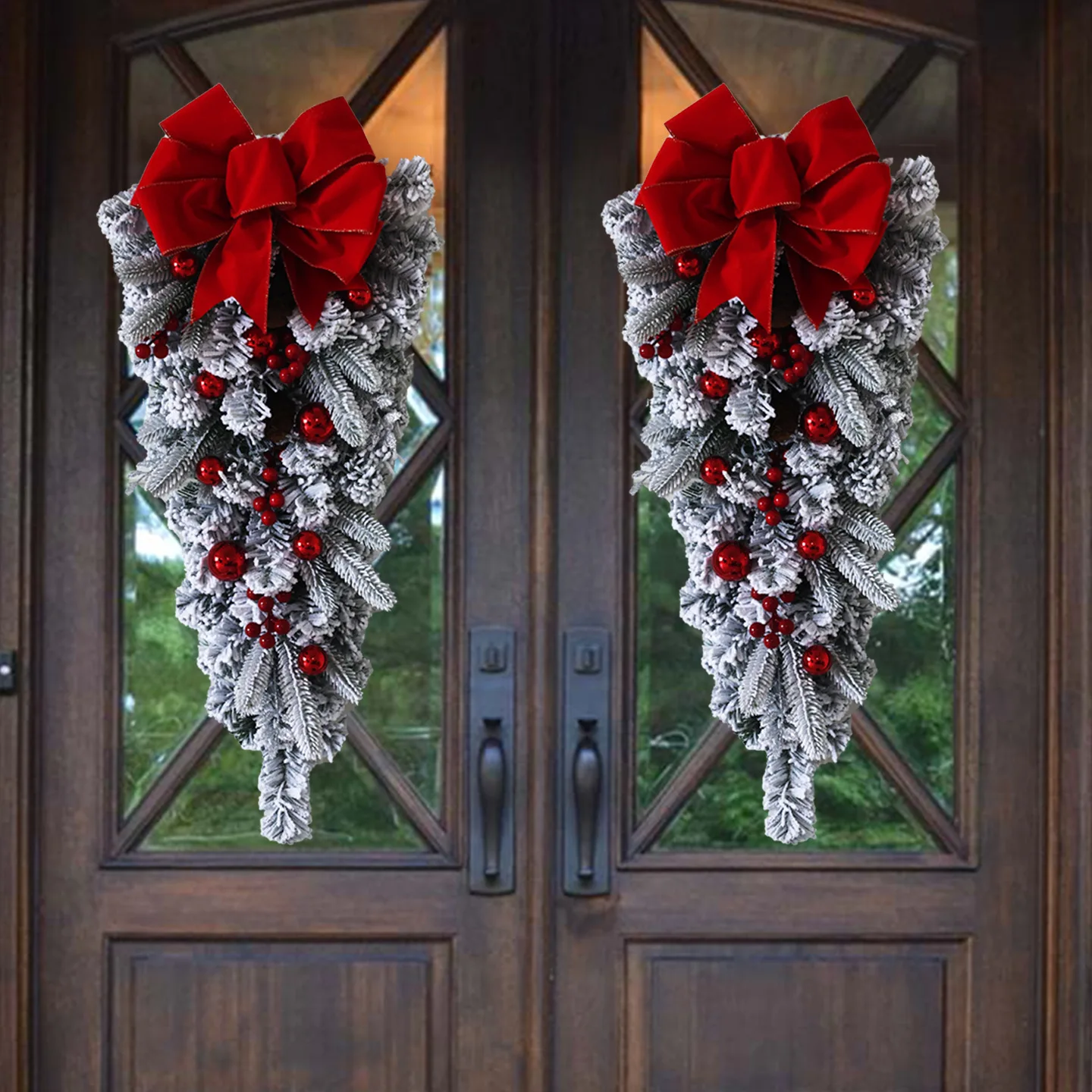 

Christmas Printed Upside-Down Tree Flocking Door Staircase Wall Hanging Customizable Red Bow Decorations Festive Atmosphere