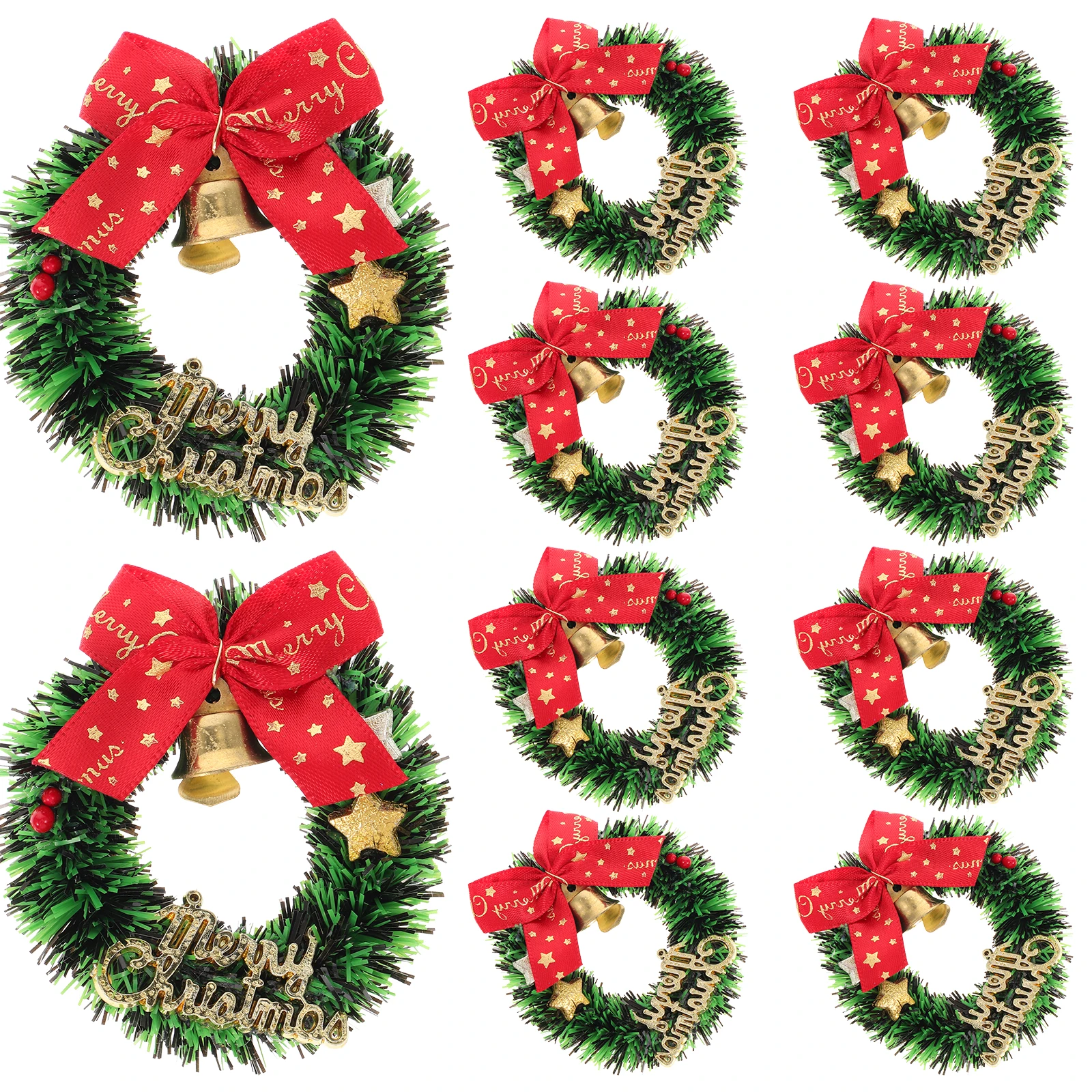 

10pcs Mini Christmas Wreath Bow Bell Garland Decorative Hanging DIY Craft Supplies Tiny Ornament Plastic Fabric Bright Color