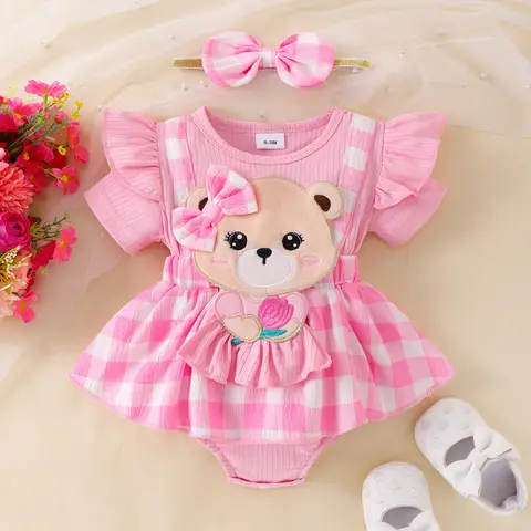 Infant Baby Girl Plaid Romper Dress Bear Patch Fake Two-Piece Ruffle Short Sleeve Bodysuit with Bow Headband 2Pcs Summer Outfit
