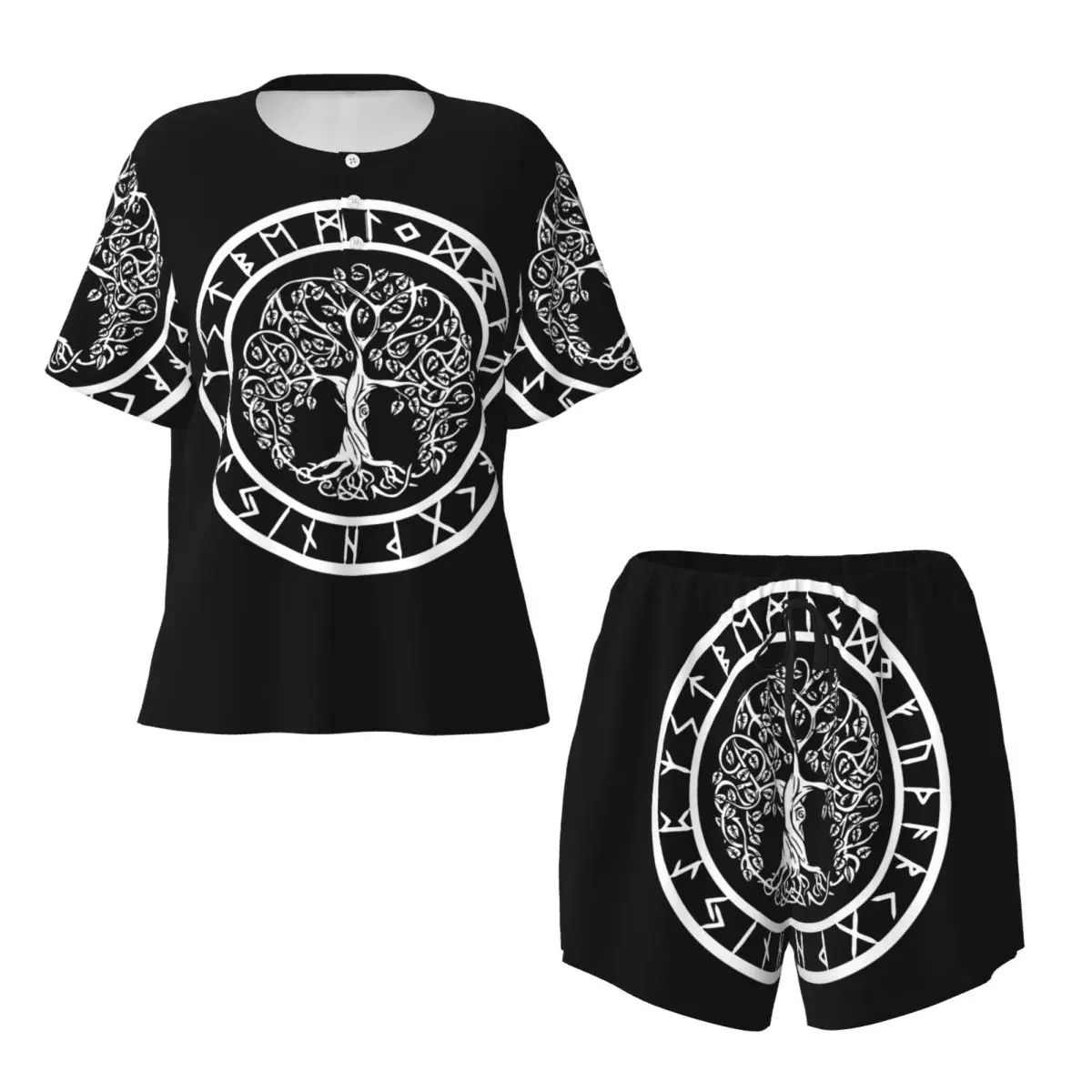 

Nordic Viking Scandinavn Odin Symbol Round Neck Short Sleeve Nightgowns for Sleeping Women Loose Pajama Set Short Pants