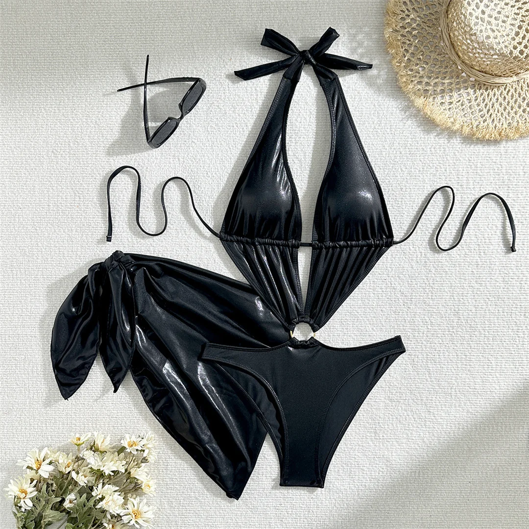Mit Sarong Glitzer Funkelnder Einteiliger Badeanzug mit tiefem V-Ausschnitt für Damen, Badebekleidung, Damen-Badeanzug mit Ausschnitten und Neckholder, Badeanzug V5754 – Detail 23