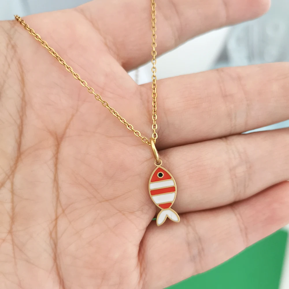 QMHJE Pendant Necklace Women Stainless Steel Strawberry Cherry Fish Lemon Slim Chain Choker Gold Color Waterproof Wholesale
