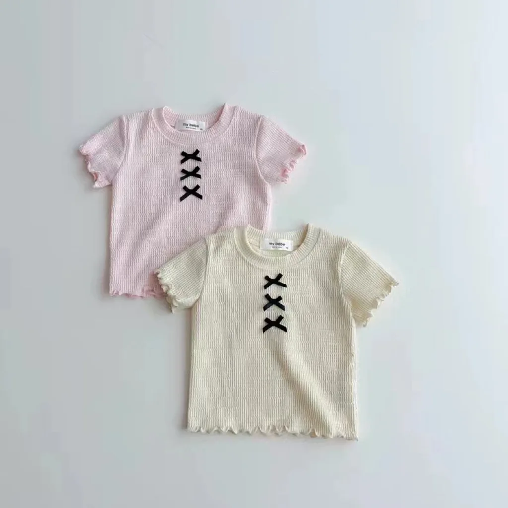 

2024 Summer New Baby Short Sleeve T Shirts Infant Girl Cute Bow Tops Toddler Solid Tee Baby Cotton T Shirt Kids Girl Clothes