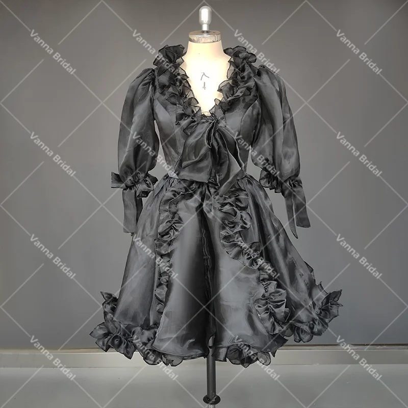 Mini organza inchado vestido v pescoço babados meia lanterna mangas vestidos de noiva arco anjo pricess acima do joelho fotos reais vestido de casamento