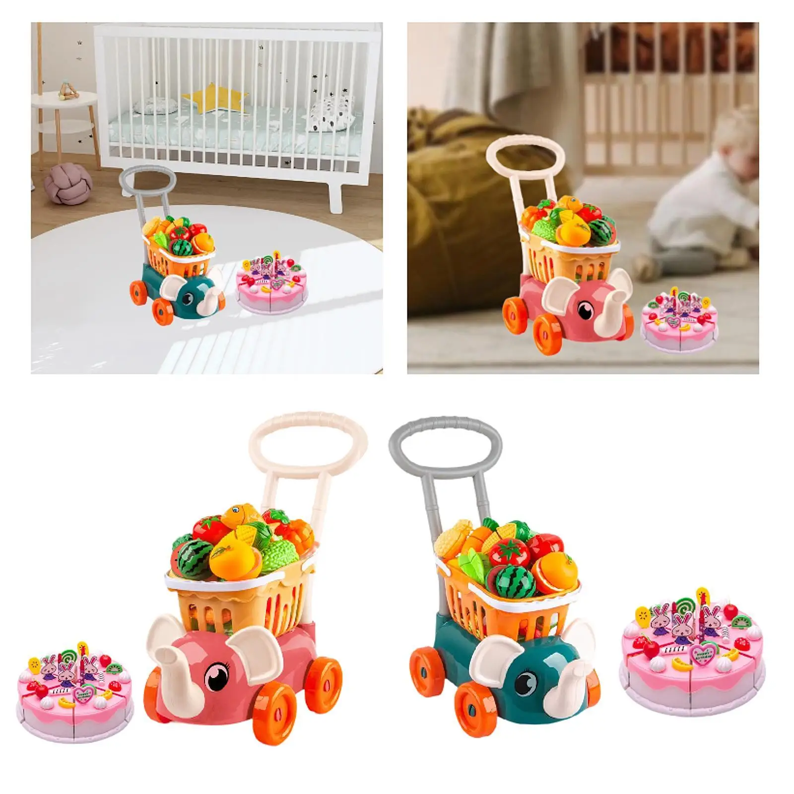 Kids Shopping Cart Trolley Cutting Play Food Toy with Cutting Play Food Set for Boys Girls