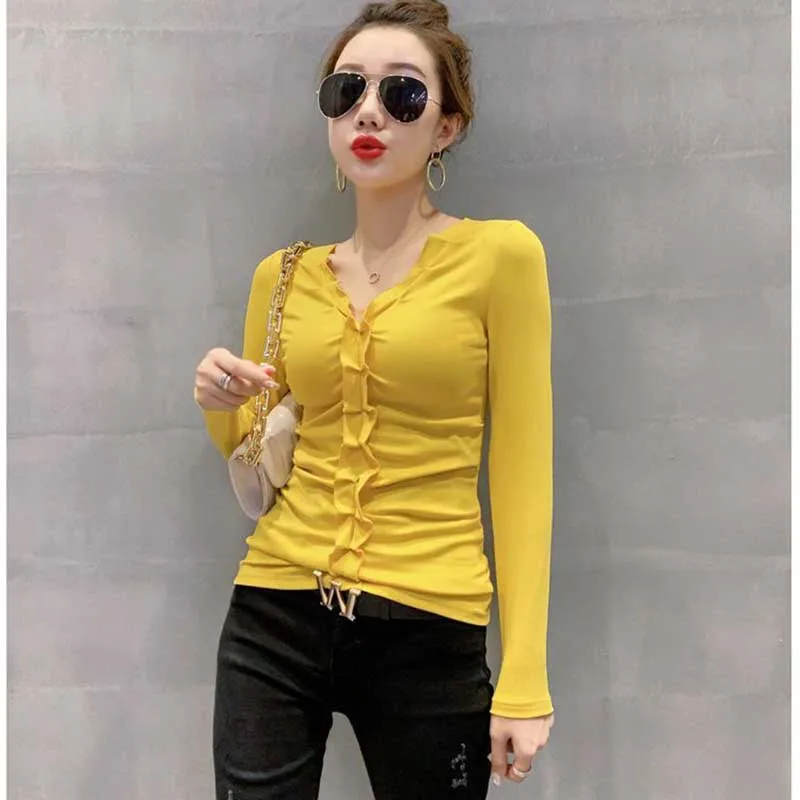 Fashion V-Neck Spliced Folds Ruffles T-Shirt Women\'s Clothing 2023 Winter Slim Solid Color All-match Tops Office Lady Tee Shirt