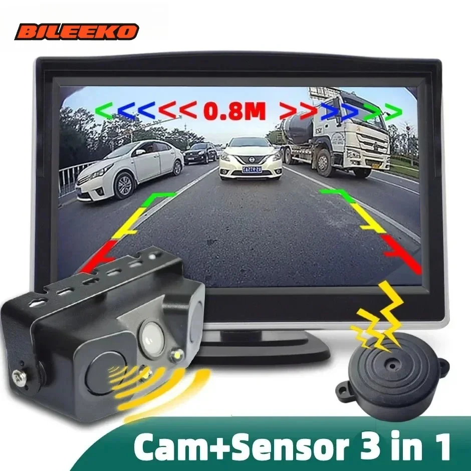 

Bileeko 3-in-1 Backup Parking Sensor Kit - Parktronic Camera, Radar Display & 4.3"/5in Monitor with Alarm