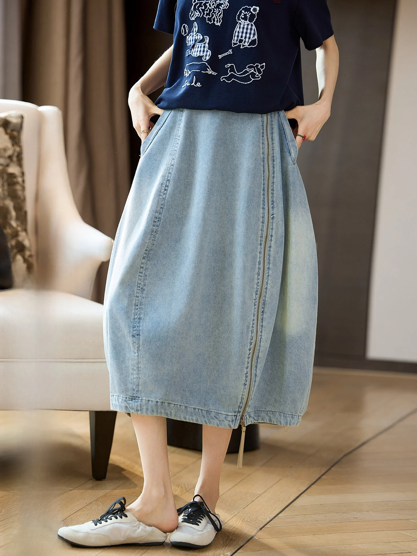 

Vintage Denim Zipper Half Skirt Women's Spring New Style plus Size Long Skirt Street Style High Waist H-Shape Cotton Polyester