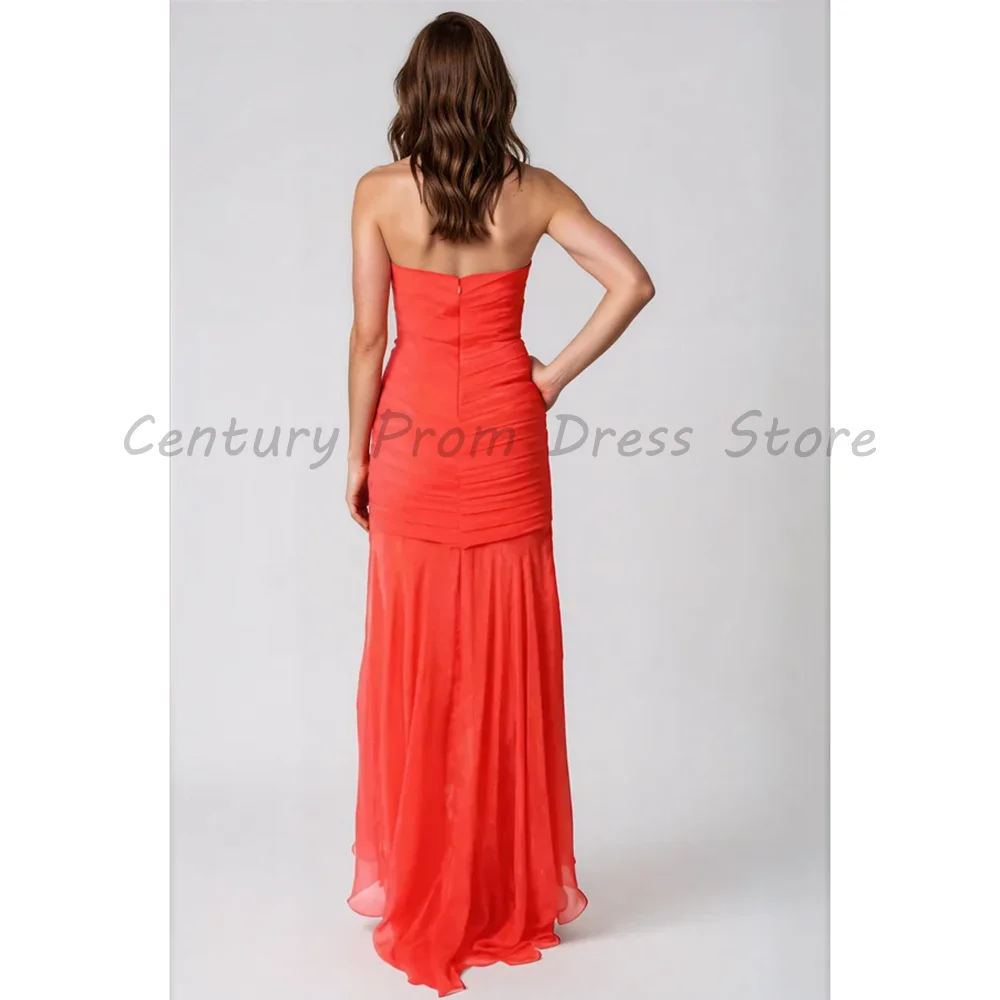 Coral Strapless Chiffon Prom Dress Ruched Bodycon High Low Mermaid Formal Evening Gown With Side Ruffle For Wedding Guest Party