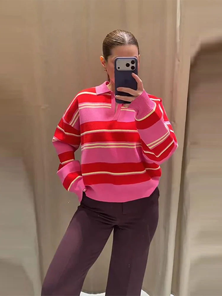Lässiger Strick-Pullover mit Polokragen für Damen Gestreifter Pullover Langarm Weich Locker Passend zu Allem Jumper Damen 2026 Frühling Herbst Strickwaren