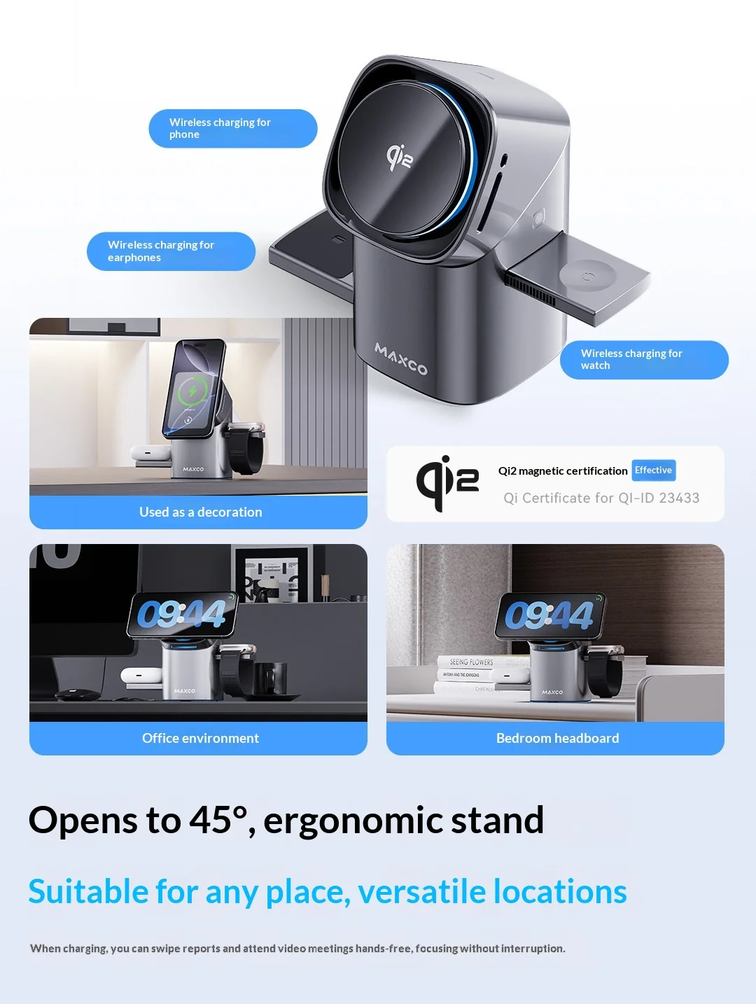 MAXCO Qi2 3-in-1 Wireless Charger for IPhone12-17 Pro Max  & Android | Full Touch Magnetic Dock | Phone Watch Earbuds