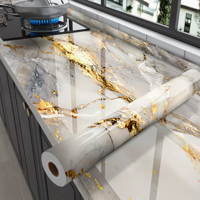 Gold Grey Marble Kitchen Wall Protector Sticker Waterproof Oilproof Heat Resistant Removable Self Adhesive Film
