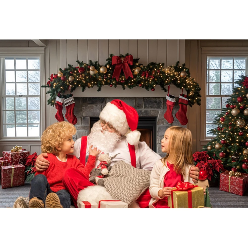 Christmas Fireplace Background Photography New Year Xmas Trees Sock Wreath Gifts Decor Santa Claus Child Portrait Photo Backdrop