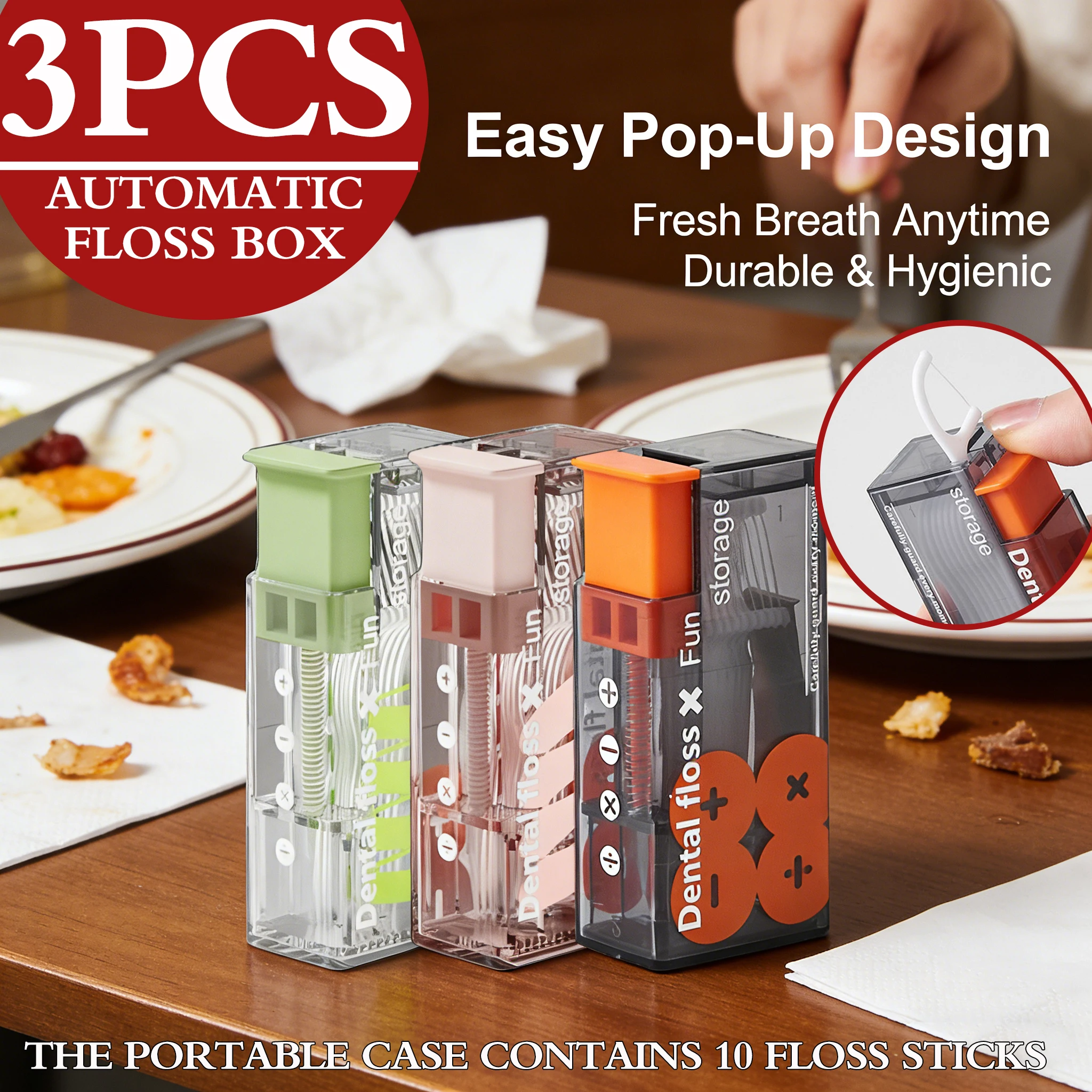 3PCSAutomatic Pop-Up Dental Floss Pick Holders with 30 Floss Sticks, Orange/Pink/Green Portable Travel Floss Dispensers,  Office