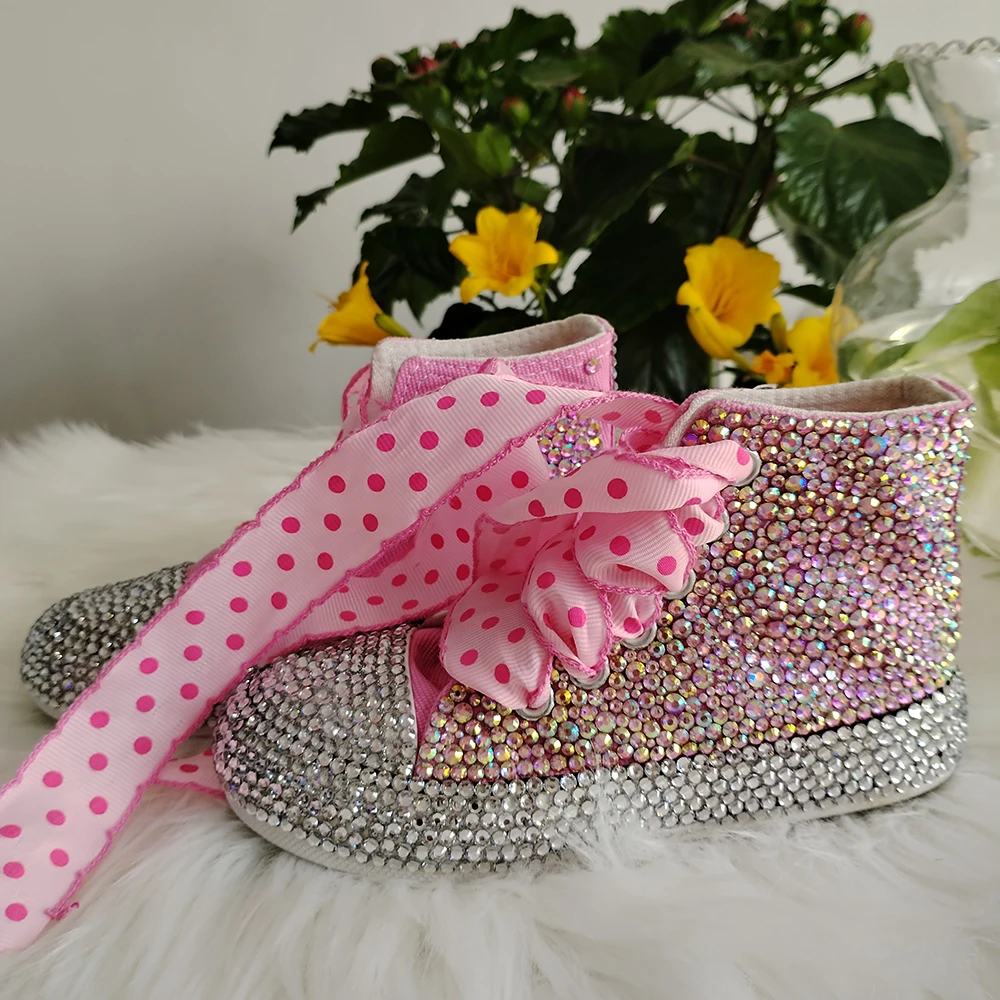 Handmade Rhinestones Bling Girls Womens Kids And Mother Candy Canvas Shoes Pearls Sneakers For Girl Birthday Party Wedding