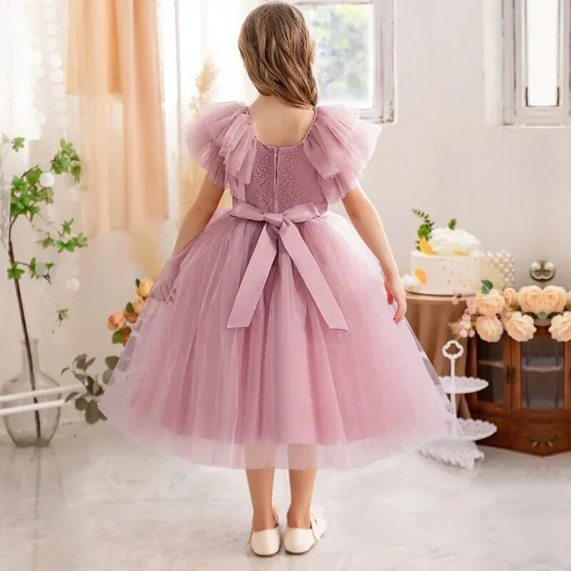 2024 Elegant Princess Lace Dress for Kids Flower Lace Dresses 3-8Yrs Girl Banquet Children Wedding Birthday Party Pink Ball Gown