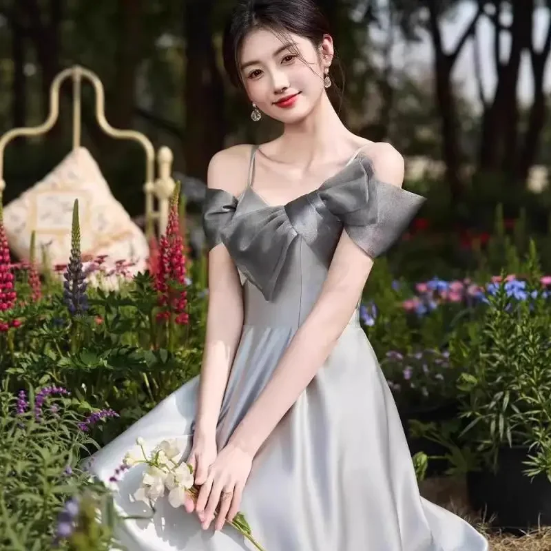 

Bridesmaid Team Dress Engagement Birthday Evening Party Gown Grey Elegant Temperament Long Slim Vestidos Wedding Cheongsam