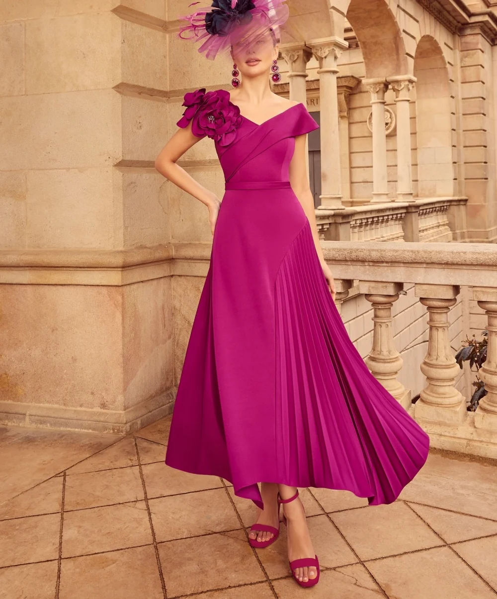 

Customized Jersey Applique Flower Pleat V-neck A-line Midi Dresses Bespoke Occasion Woman Elegant Party Wedding Guest Formal