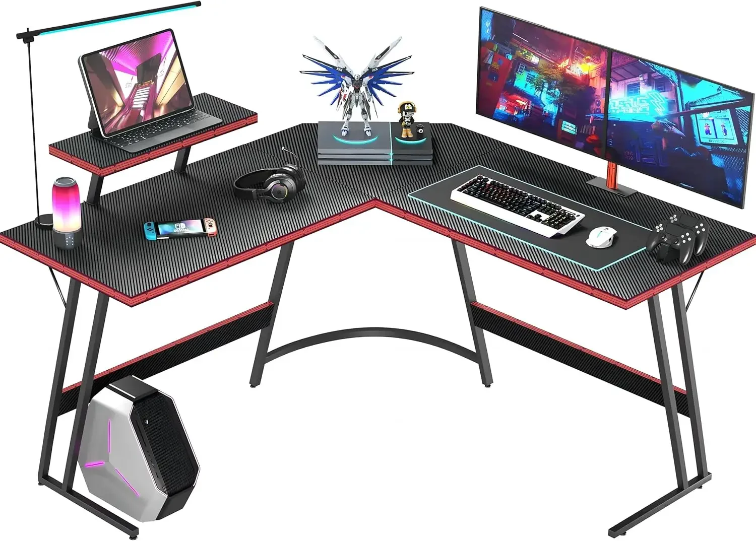 L Shaped Gaming Desk, 51 Inch Computer Corner Table with Large Monitor Stand & Carbon Fiber Surface , Black