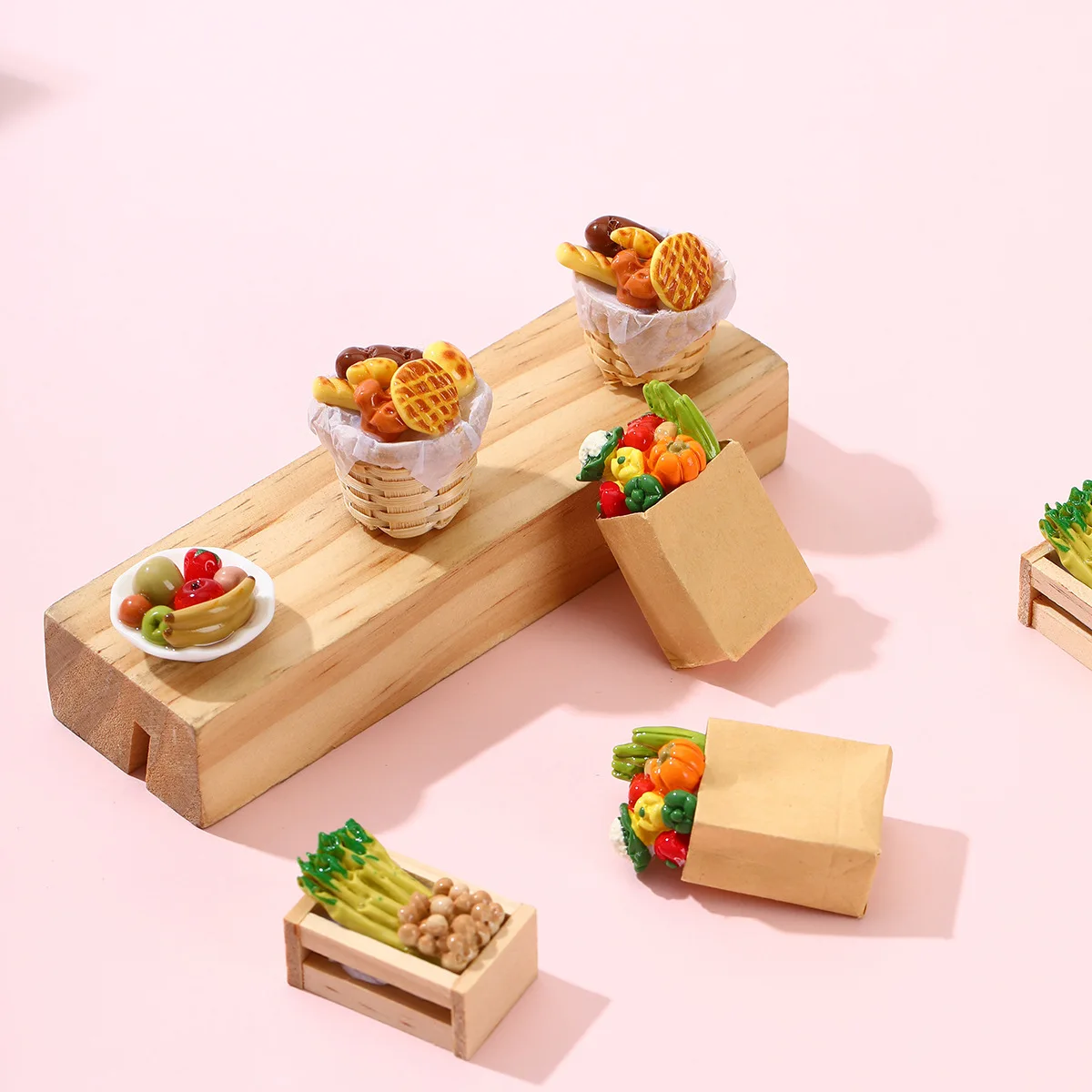 1set Mini Vegetables Fruits Set Food Bag Miniature Kitchen Food Basket Model Scene Decoration Accessory Tabletop Decor Ornament