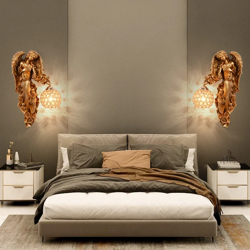 Nordic Modern Angel Wall Lamps Living Room TV Background Wall Decor LED Bedroom Decor Lamp Creative Resin Mermaid Wall Light E27