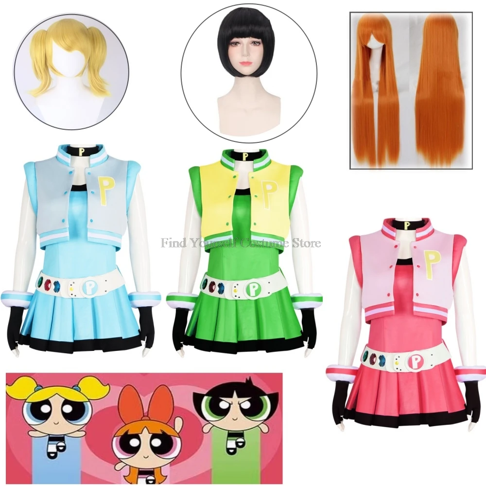 Power Cos Puff Girls Cosplay Costume Hyper Blossom Rolling Bubbles Costume Vest Coat Dress Outfit Hairband Gloves Belt Wigs