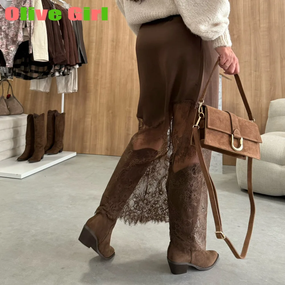 กระโปรงสั้นทรงสวยสไตล์เซ็กซี่ 2025 ยุโรปอเมริกา ฤดูใบไม้ร่วง ฤดูหนาว กระโปรงผู้หญิงเซ็กซี่แต่งลูกไม้แบบต่อผ้า ความยาวปานกลาง