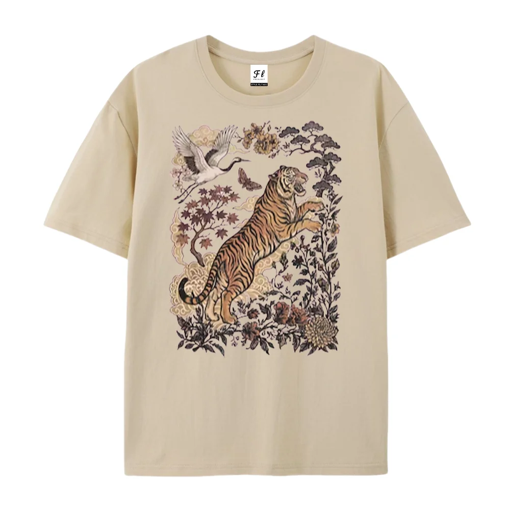 Women T Shirt Vintage Tiger And Red Crane Floral Graphic Tee Oriental Wild Animal Art Casual Summer Ladies Short Sleeve Tops