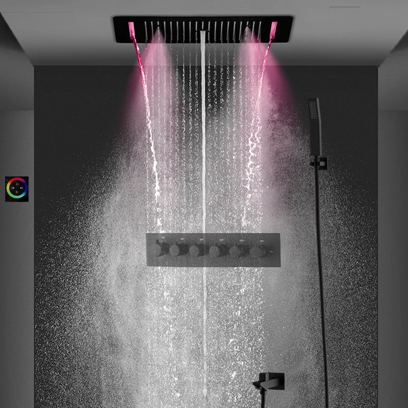 Matt Black Recessed Thermostatic Shower System Big Rainfall Column Waterfall Mist Faucet Set Screen Touch LED 700x380mm