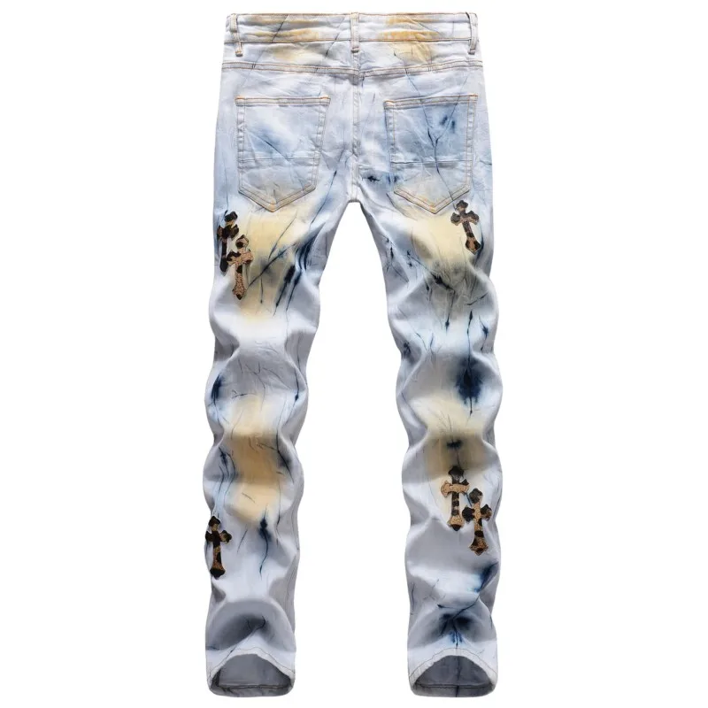 High Street Stretch Jeans Hand-painted Paint Black Leopard Grain Leather Cross Embroidery Hole Small Straight Slim Denim Jeans