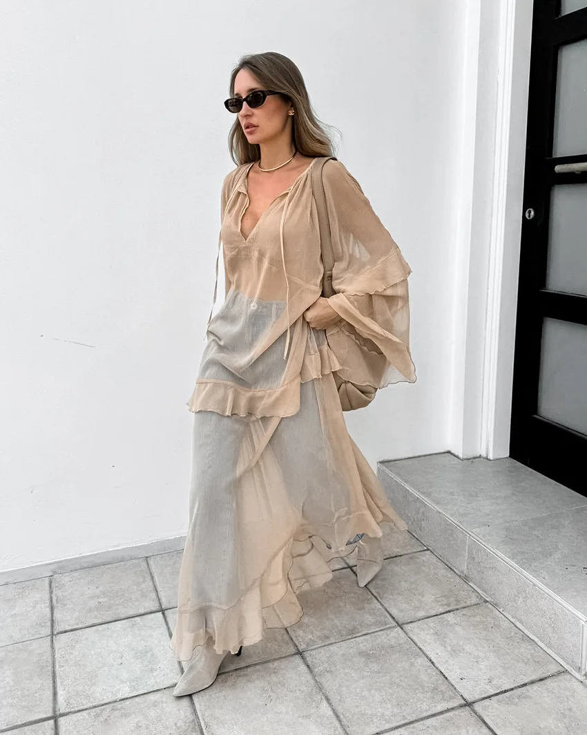 Khaki autumn and winter new ruffle edge dress 2024 European and American fashion sunscreen cover