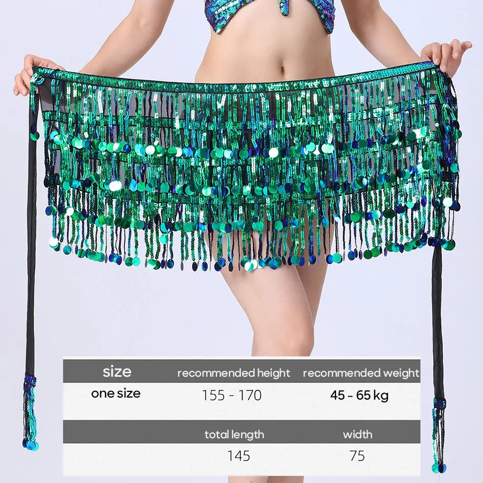 ผ้าพันสะโพกอุปกรณ์ประกอบการเต้นท้องมีพู่ห้อยเข็มขัด4ชั้นสำหรับฝึกซ้อมบนเวที