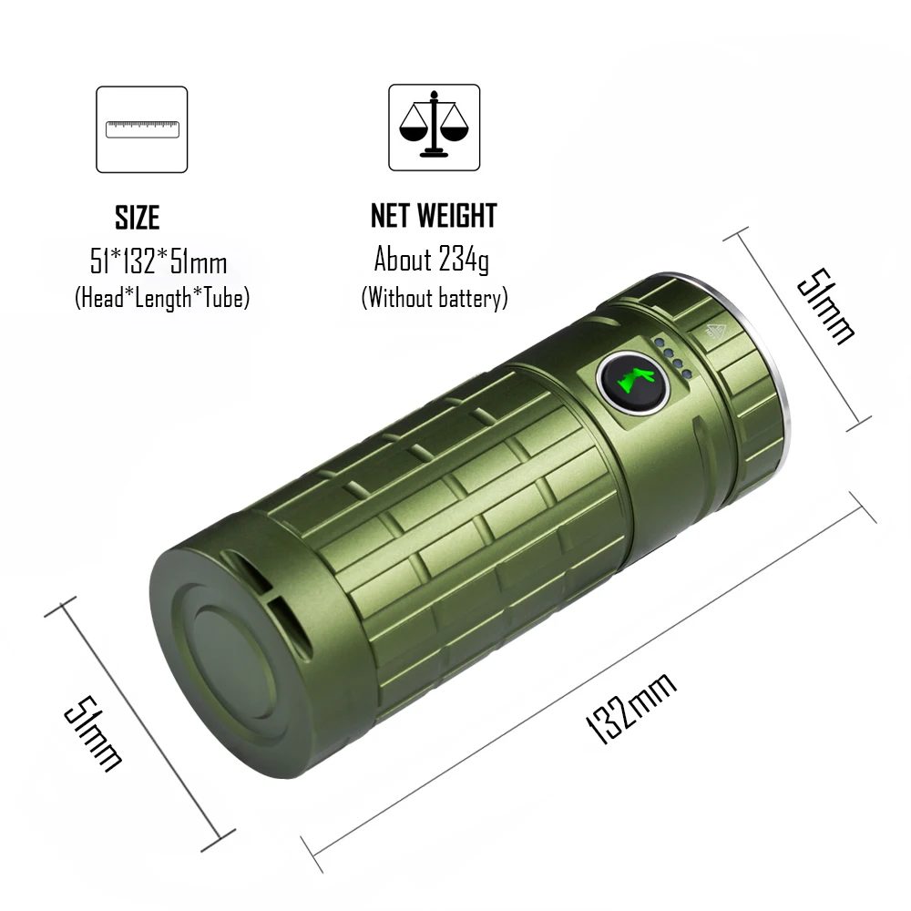 High Power EDC LED Outdoor Fishing Flashlight Camping Lantern 46800 Battery USB-C Rechargeable Lamp Color Light Torch Green DF2