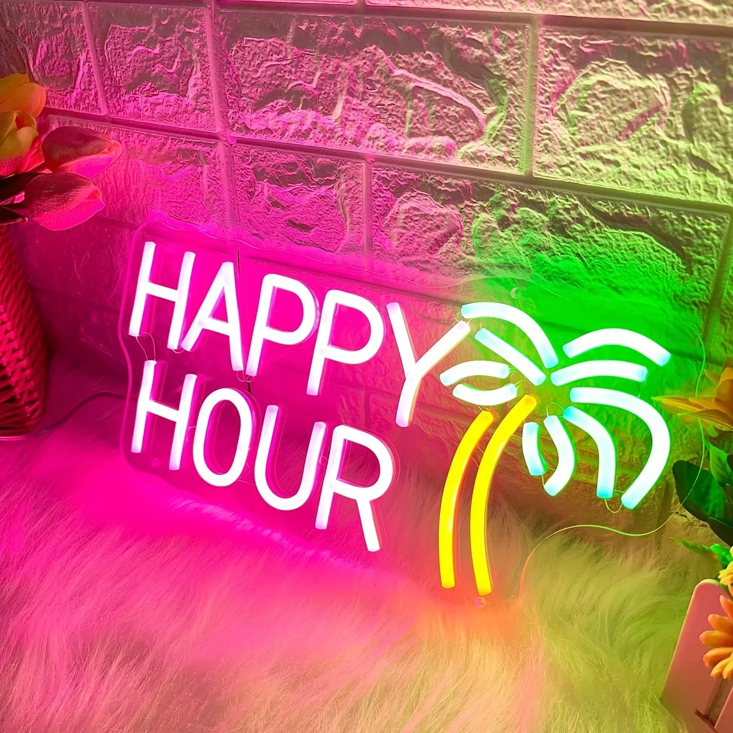 Happy Hour LED Neon Sign, cocco Palm Tree Pink Neon Light, Wall Decor Light Sign, Home Bar Club Coffee Bar decorazione dell\'hotel