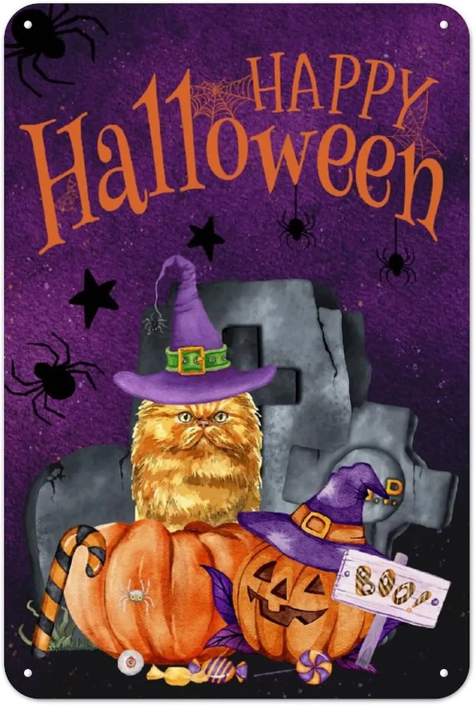 해피 할로윈 부 호박 주석 사인 마녀 고양이 거미 웹 금속 주석 사인 공포 영화, 12x8 인치 쉽게 장착 패션 금속 벽 드
