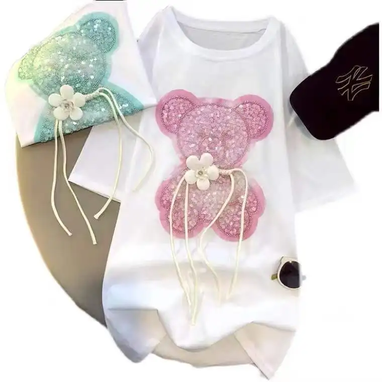 2025 Sequin Pink Bear T-shirt Heavy Handmade Shiny Bowknot Bow T Shirt Summer Tees Top Accessories Clothes
