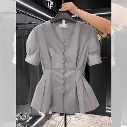 French Temperament V-neck Solid Color Pleated Puff Sleeve Shirt Women Summer New Westernization All-match Light Ripening Tops