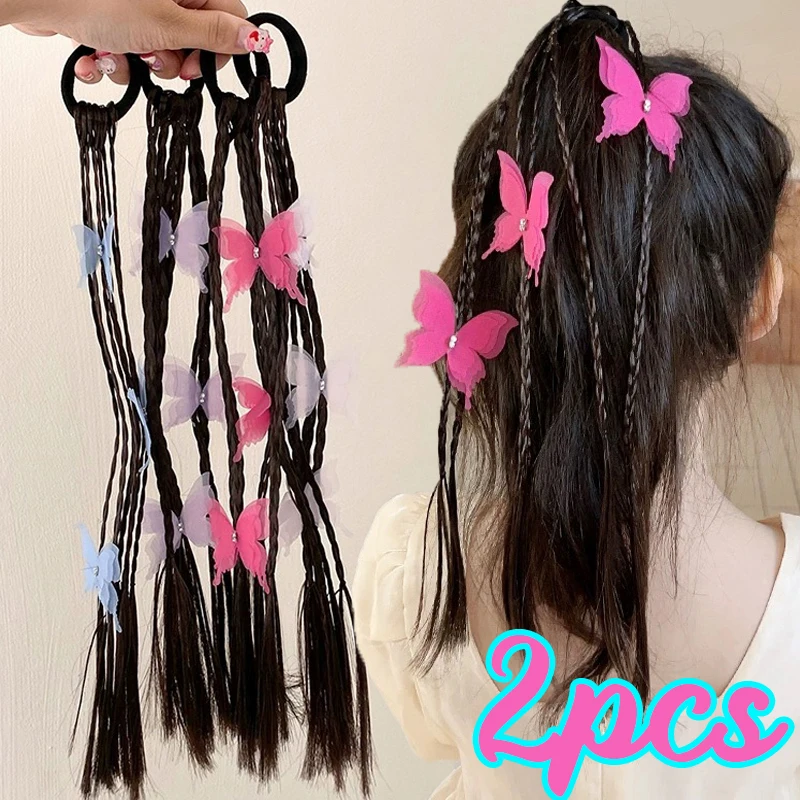 

1/2pcs Colorful Butterfly Dough Twists Braid Headwear Loop Children Wig Fried Ponytail Hairbands Girl Braided Wig Hair Tie Piece