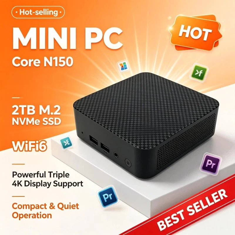 Portable Mini PC Intel Core N150 Compact 16GB 1TB 2TB SSD Triple 4K Display WiFi6 Efficient Cooling Home Office Mini Computer