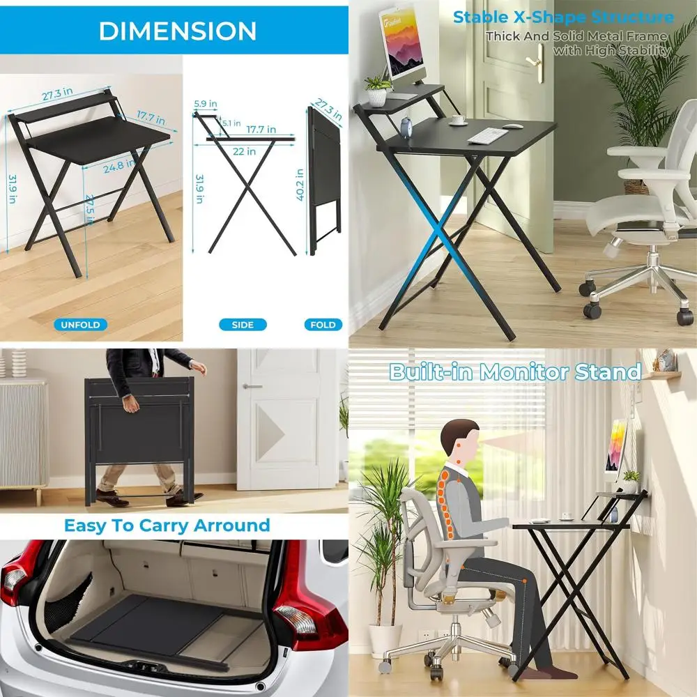 

No Assembly Folding Desk, 2-Tier Compact Computer Desk with Shelf, Space Saving Foldable Table for Home Office, Dorm or Apartmen