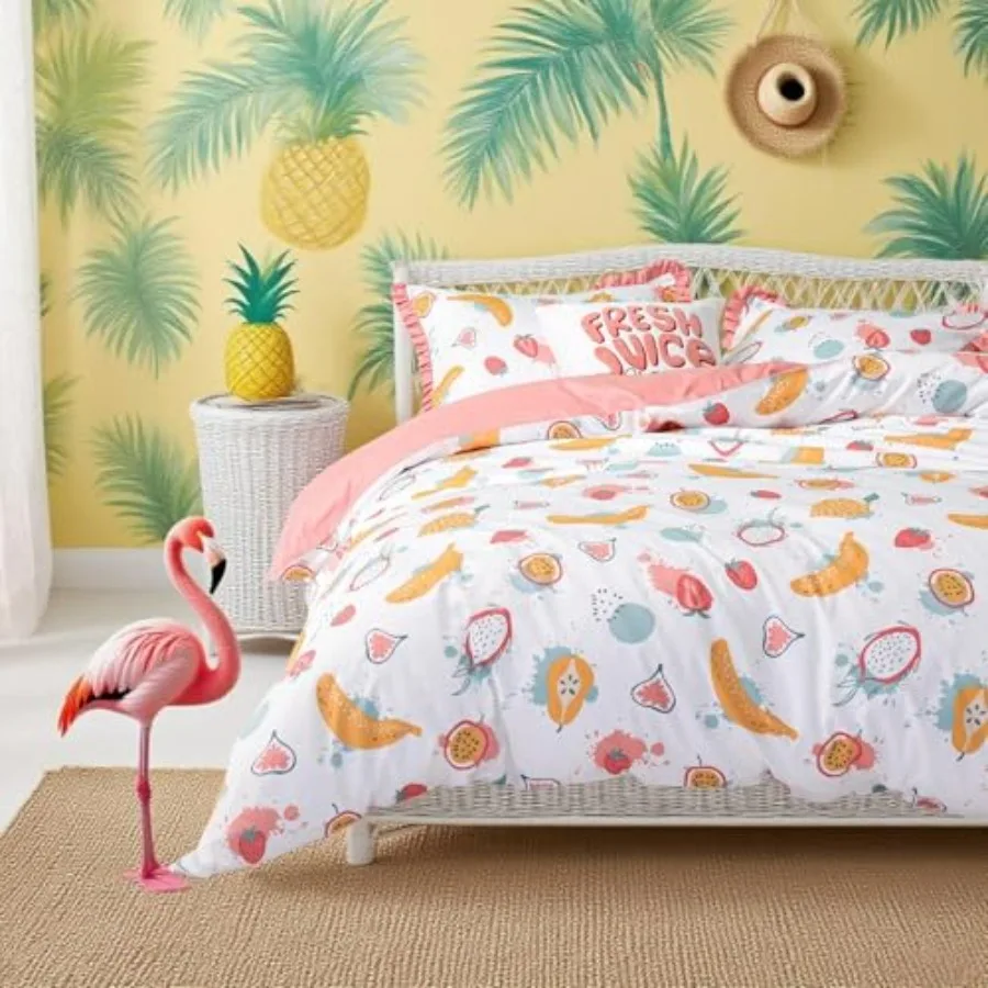 100% Organic Cotton Duvet Cover for Teens 3 Pcs Soft Cartoon Comforter Cover with Zipper Closure Kawaii Girls Bedding Set with