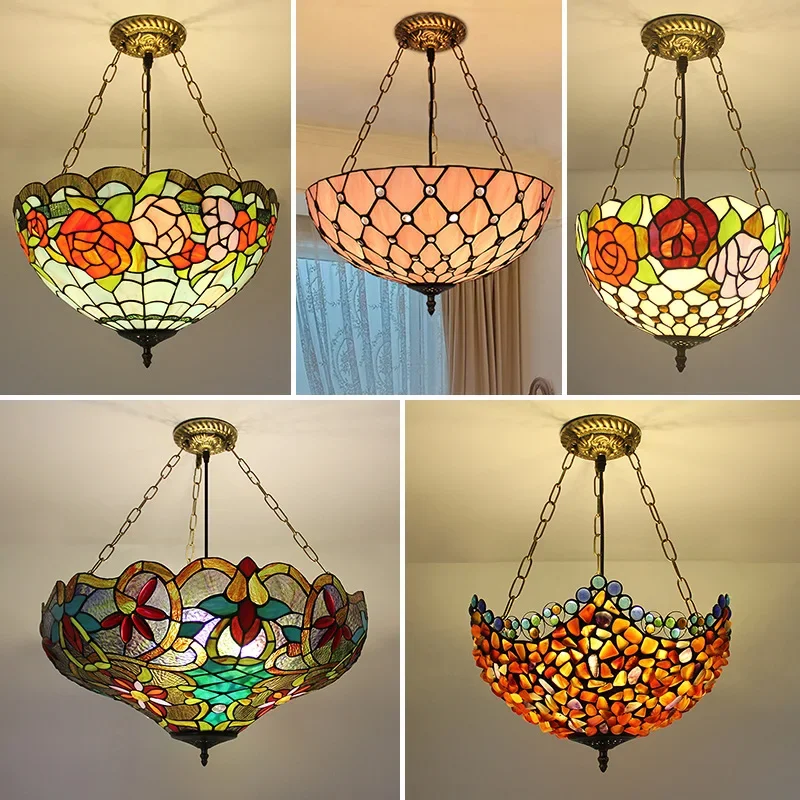

KARLOS Tiffany Pendant Lamp LED Retro Creativity Living Room restaurant Bedroom Villa Hotel Corridor Color Glass Chandelier