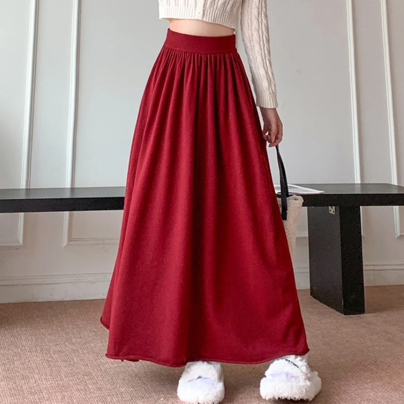 

Qiukichonson Midi Long Skirts Womens Maxi Skirt 2024 Autumn Winter Knitted Skirt Mori Girl Style High Waist Ruffle Pleated Skirt