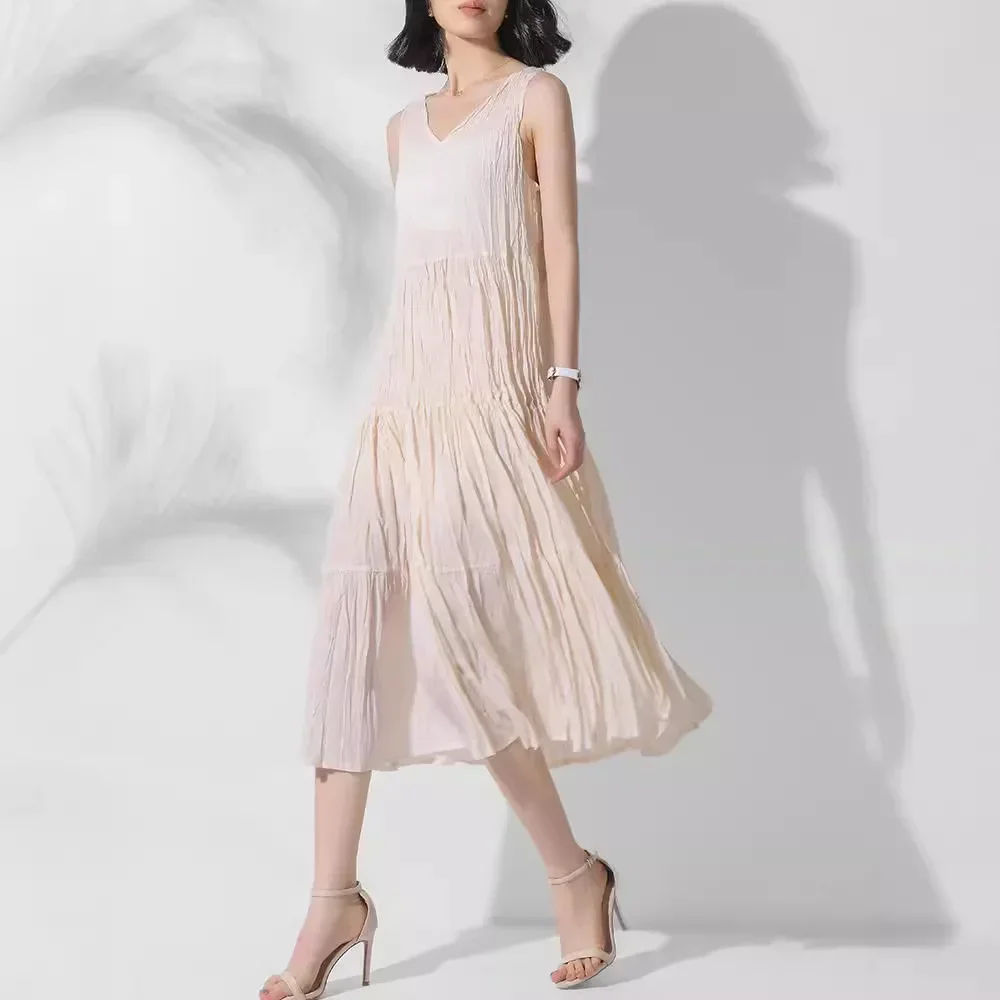 

Miyake Style Pleated Dress for Women 2024 High-end V-neck Sleeveless Mid-length High-waisted Slim Solid Color Versatile Skirt