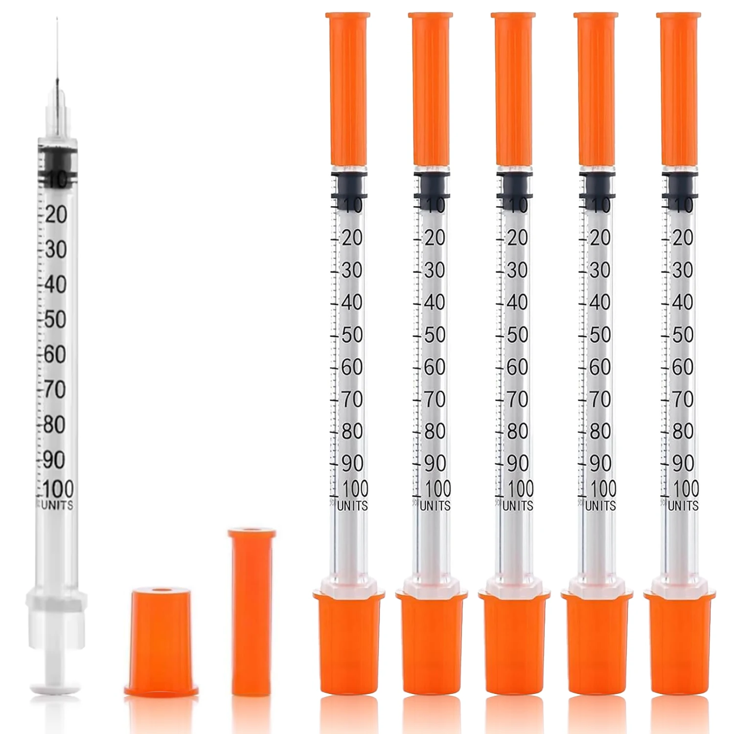 25 oder 100 Stück 1ml 30G 8mm Sterile Insulinspritze, Orangefarbener Deckel, mit Nadel, Einzeln Verpackt für Haustiere und Nutztiere – Detail 6