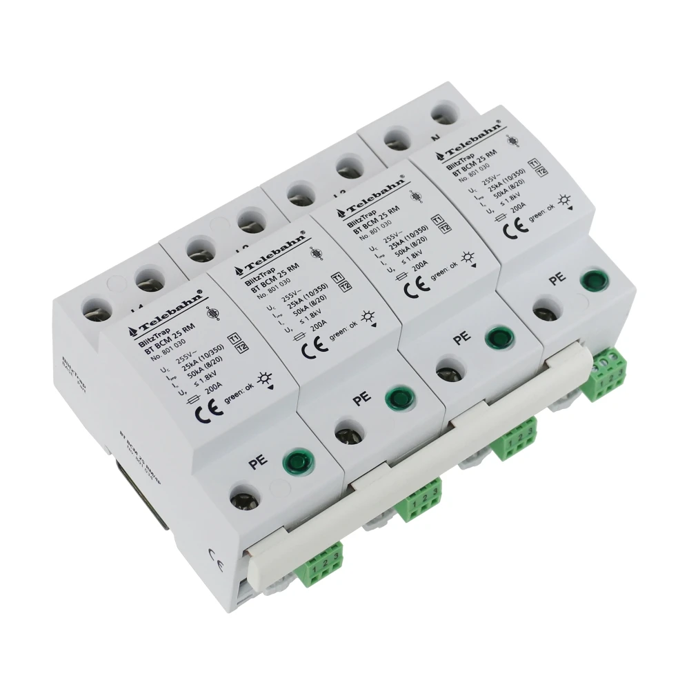 

AC Surge Protective Device 255V T1 25kA 100kA 4P TN-S Three Phase Surge Suppressor