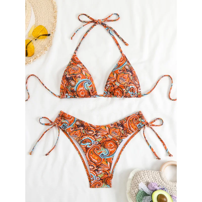 2025New Digital Printing Lace-up Halter Bikini separates SwimsuitbikiniSwimwear