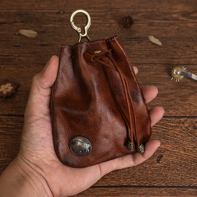 Genuine Leather Coin Purse For Women Men Vintage Handmade Small Drawstring Pocket Storage Bag With Keyring Card Holder Case