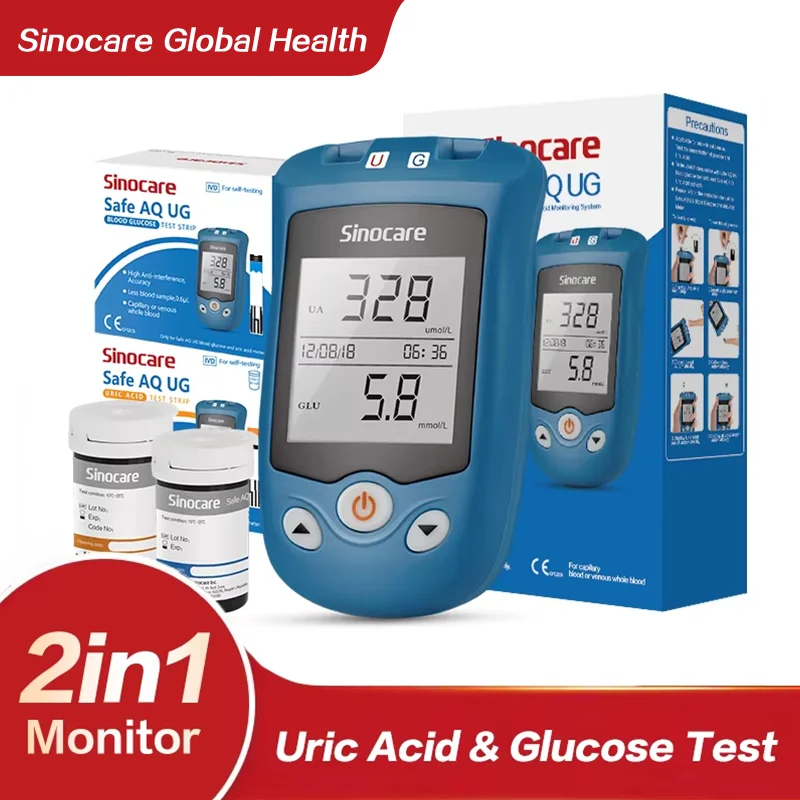 SINOCARE 2 IN 1 Safe AQ UG Uric Acid & Blood Glucose Meter with U trips G trips Rapid Use Testing for Gout Patients