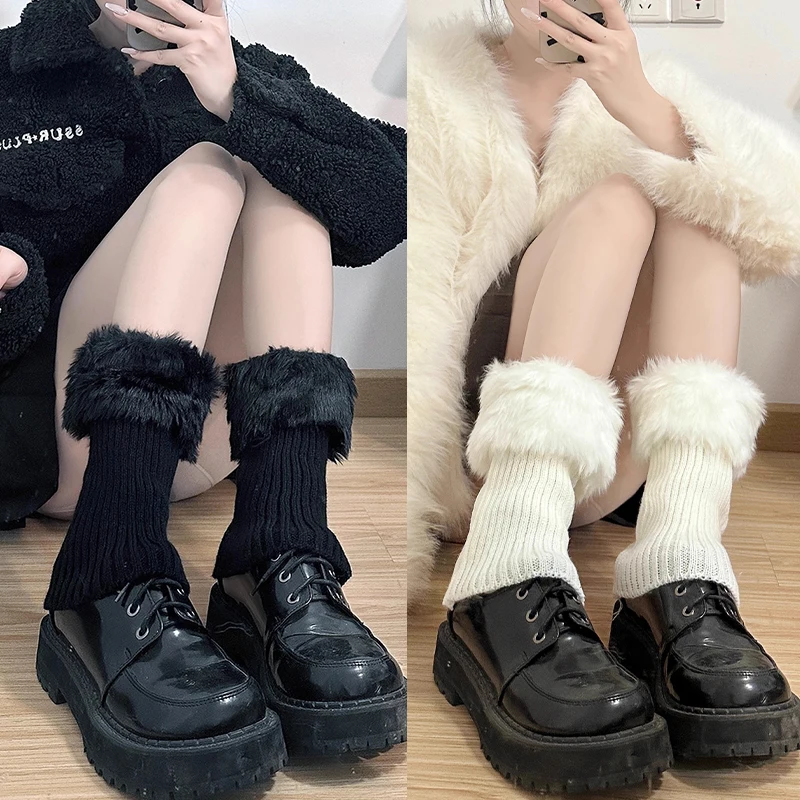 

Fashion Turn-over Fur Trim Leg Warmers Women Autumn Winter Warm Boot Cuffs Crochet Thick Toppers Knitted Socks Warm Foot Covers